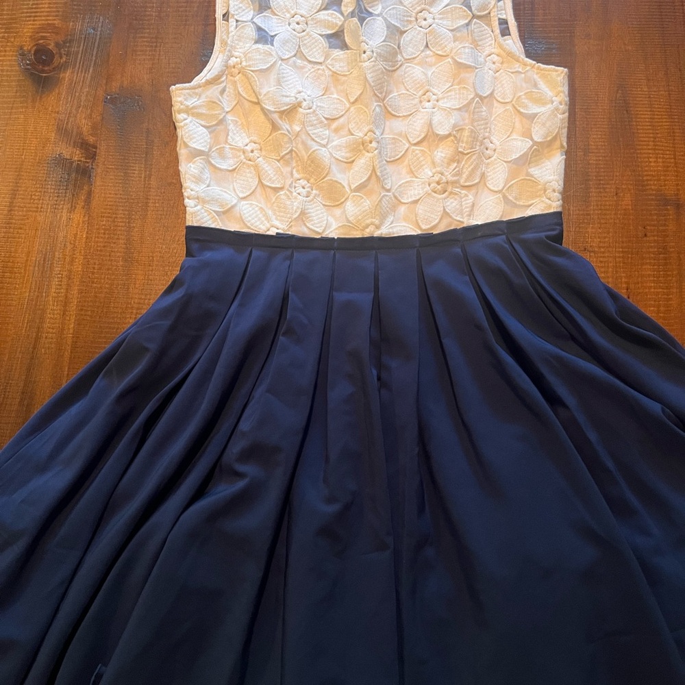 Navy and white pleated dress with flower embroidery top